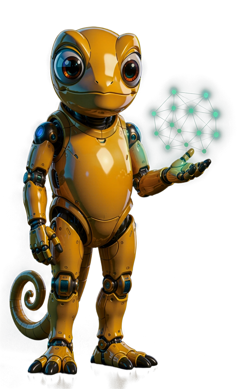 TOMAS — a robotic chameleon presenting a glowing node graph